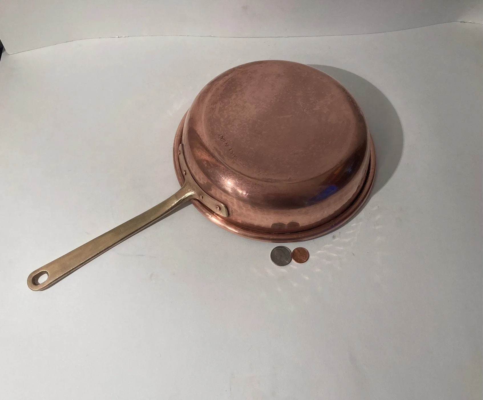 Vintage Copper and Brass Frying Pan, 17 1/2" Long and 10" x 2 1/2" Pan Size, Made in Italy, Quality, Heavy Duty, Weighs 3 Pounds, Hammered