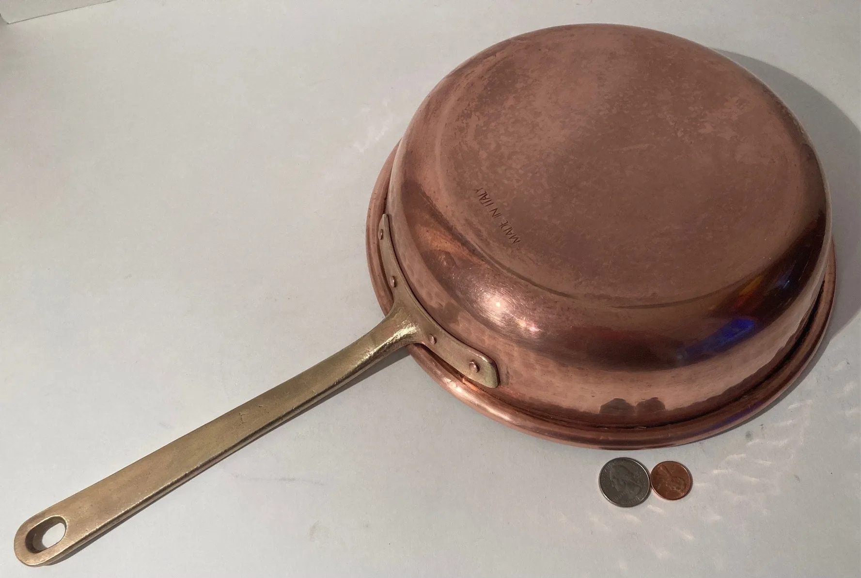 Vintage Copper and Brass Frying Pan, 17 1/2" Long and 10" x 2 1/2" Pan Size, Made in Italy, Quality, Heavy Duty, Weighs 3 Pounds, Hammered