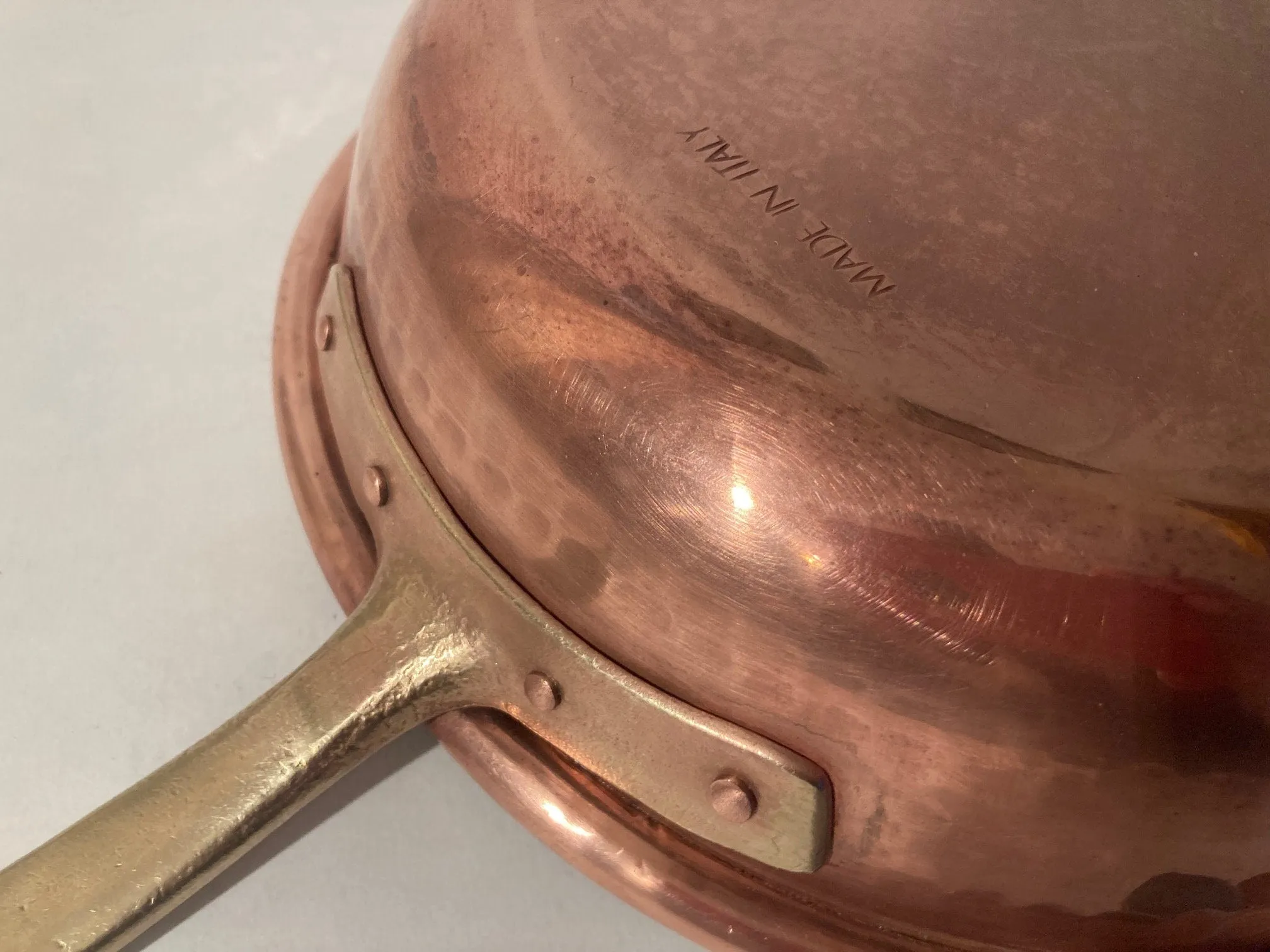 Vintage Copper and Brass Frying Pan, 17 1/2" Long and 10" x 2 1/2" Pan Size, Made in Italy, Quality, Heavy Duty, Weighs 3 Pounds, Hammered