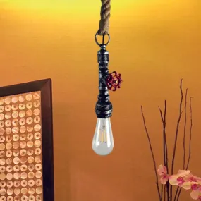 Vintage Pipe and Valve Iron Pendant Light: 1 Bulb Bar Hanging Ceiling Lamp in Black/Silver/Copper with Rope Cord