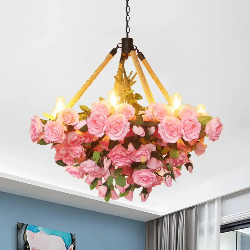 Vintage Round Pendant Chandelier - 6 Light Iron Flower Ceiling Light with Hemp Rope, Yellow/Pink/Light Pink