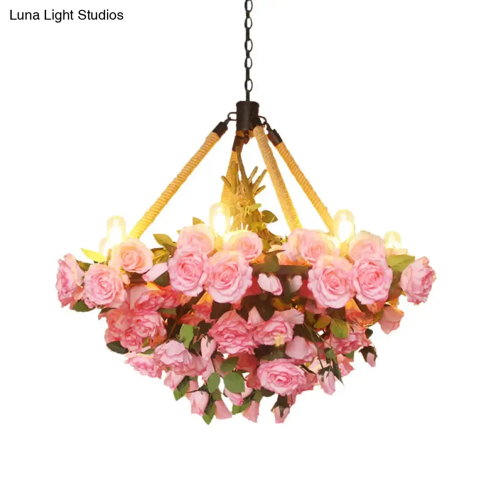 Vintage Round Pendant Chandelier - 6 Light Iron Flower Ceiling Light with Hemp Rope, Yellow/Pink/Light Pink