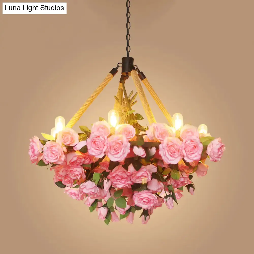 Vintage Round Pendant Chandelier - 6 Light Iron Flower Ceiling Light with Hemp Rope, Yellow/Pink/Light Pink