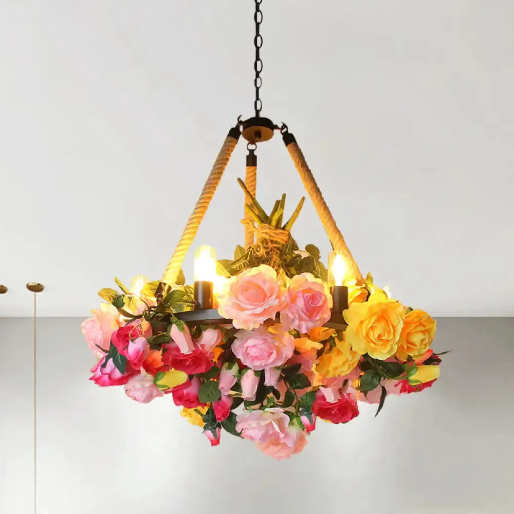 Vintage Round Pendant Chandelier - 6 Light Iron Flower Ceiling Light with Hemp Rope, Yellow/Pink/Light Pink