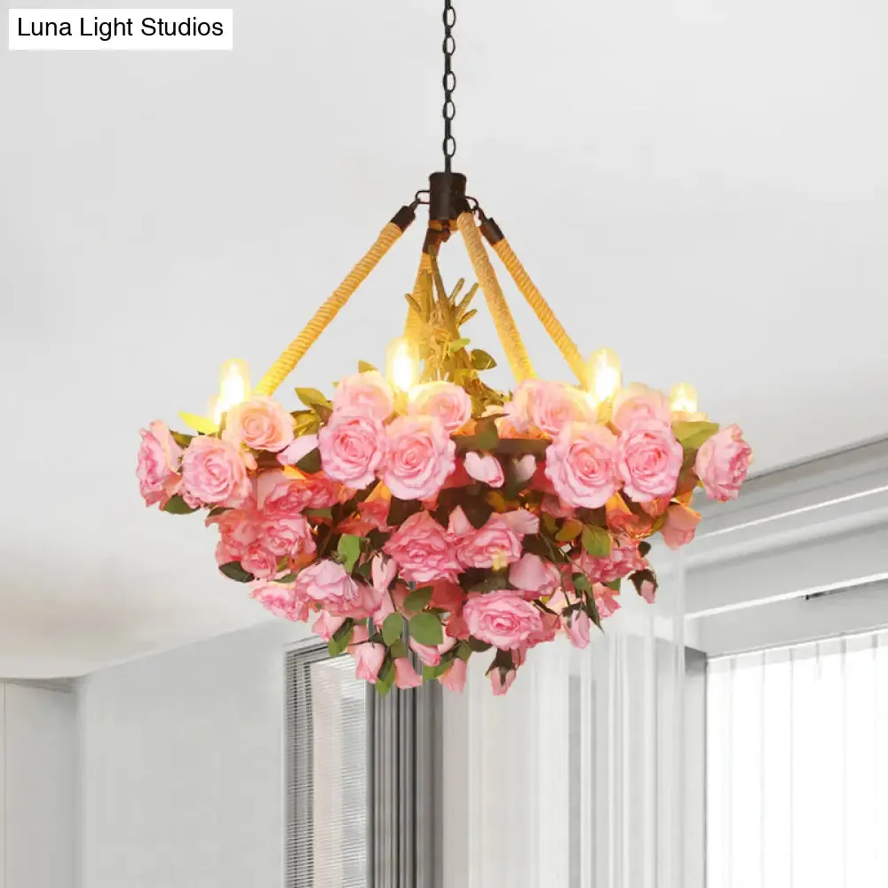 Vintage Round Pendant Chandelier - 6 Light Iron Flower Ceiling Light with Hemp Rope, Yellow/Pink/Light Pink