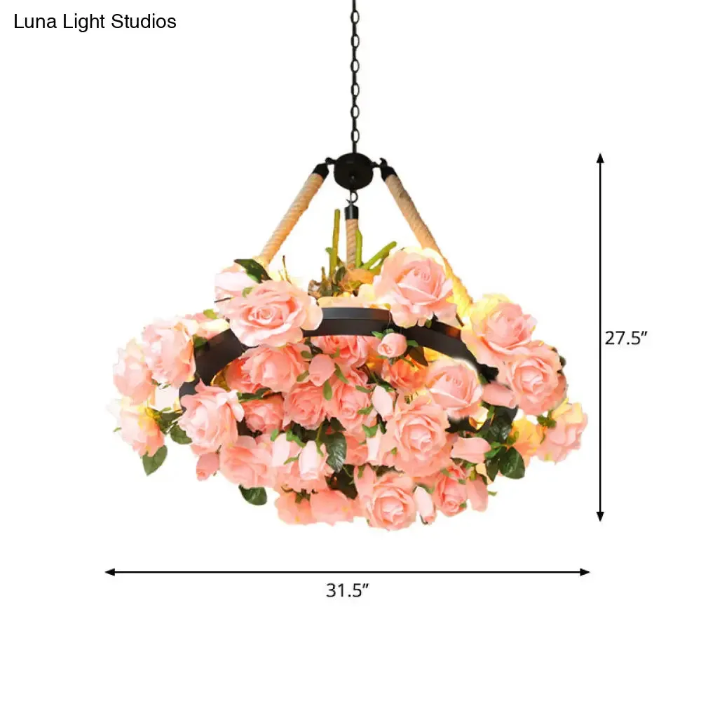 Vintage Round Pendant Chandelier - 6 Light Iron Flower Ceiling Light with Hemp Rope, Yellow/Pink/Light Pink