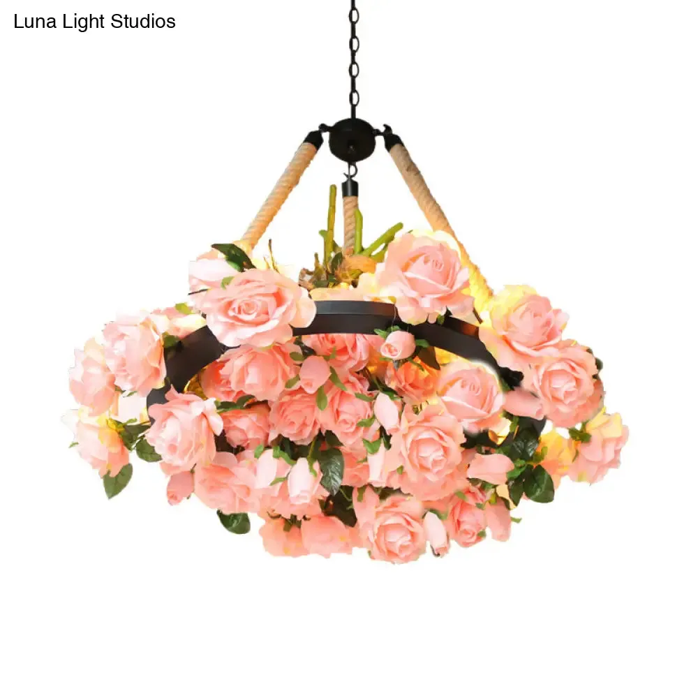 Vintage Round Pendant Chandelier - 6 Light Iron Flower Ceiling Light with Hemp Rope, Yellow/Pink/Light Pink