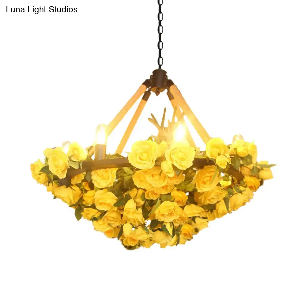 Vintage Round Pendant Chandelier - 6 Light Iron Flower Ceiling Light with Hemp Rope, Yellow/Pink/Light Pink