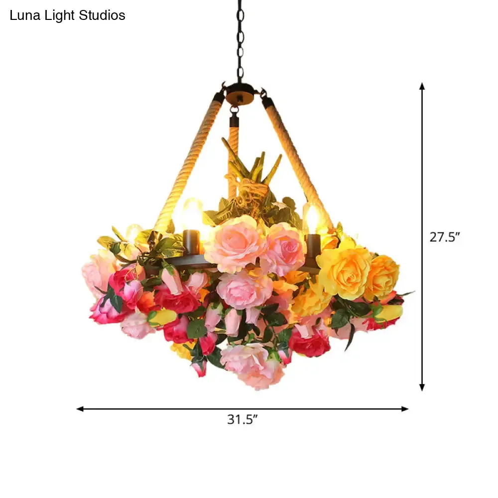 Vintage Round Pendant Chandelier - 6 Light Iron Flower Ceiling Light with Hemp Rope, Yellow/Pink/Light Pink