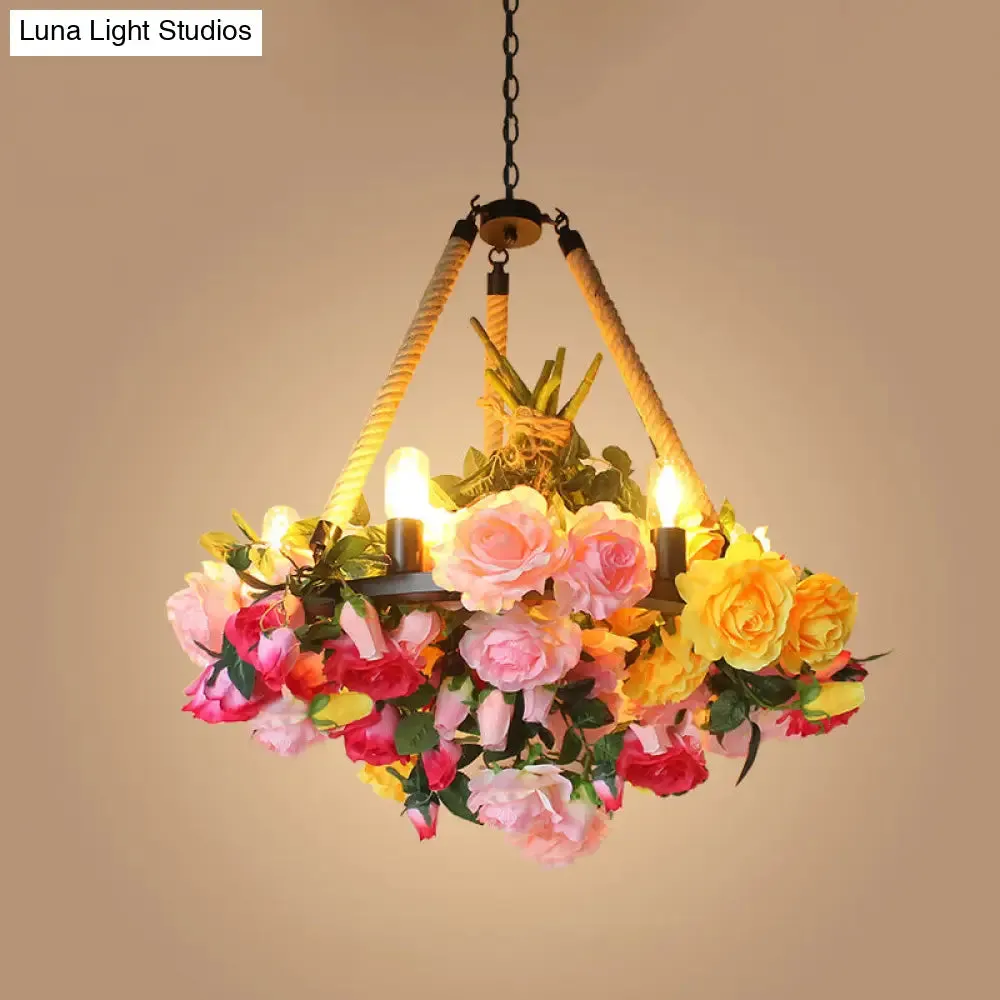 Vintage Round Pendant Chandelier - 6 Light Iron Flower Ceiling Light with Hemp Rope, Yellow/Pink/Light Pink