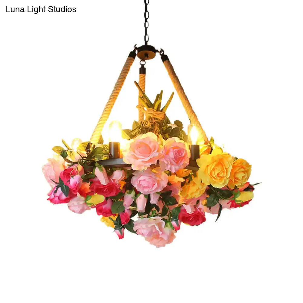 Vintage Round Pendant Chandelier - 6 Light Iron Flower Ceiling Light with Hemp Rope, Yellow/Pink/Light Pink