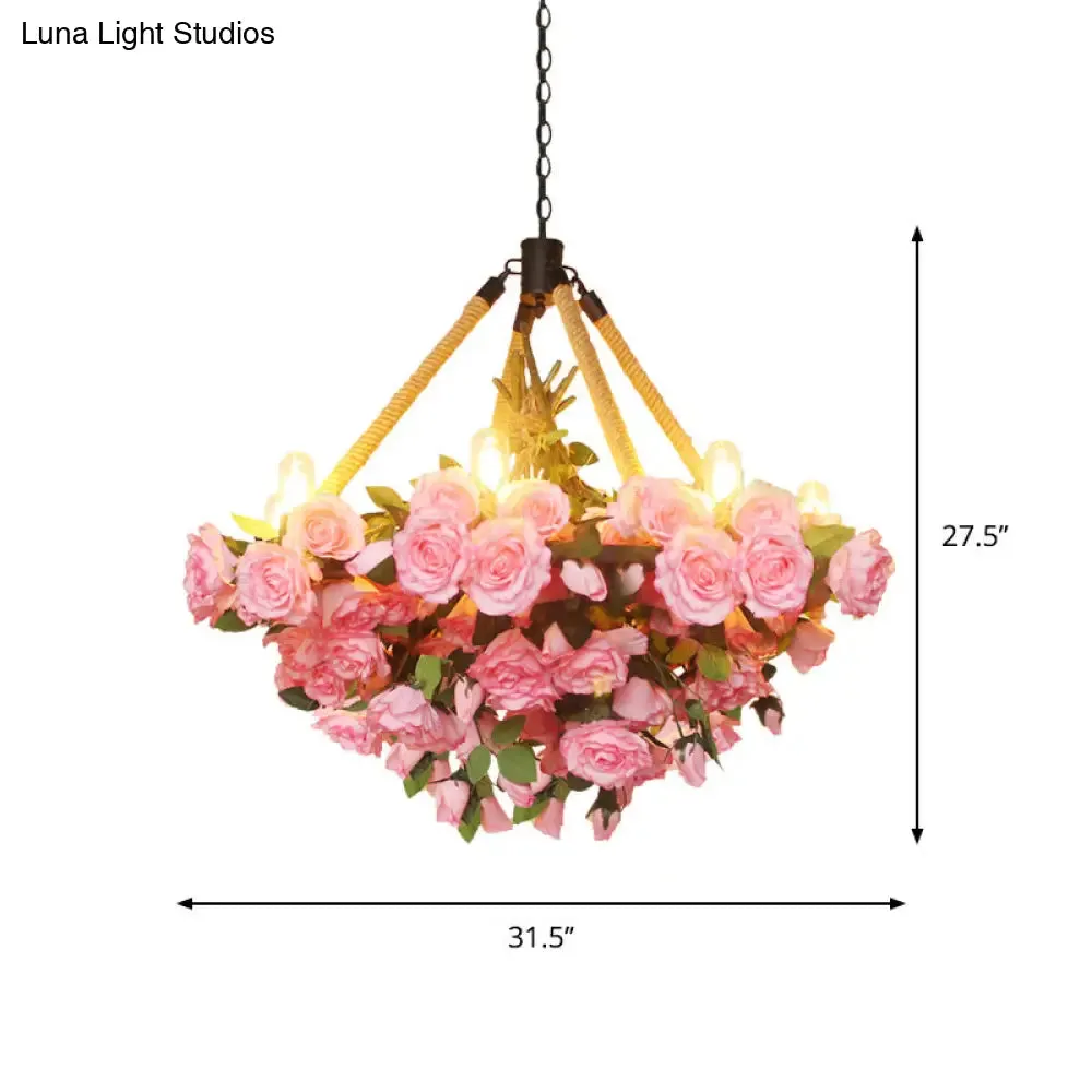 Vintage Round Pendant Chandelier - 6 Light Iron Flower Ceiling Light with Hemp Rope, Yellow/Pink/Light Pink