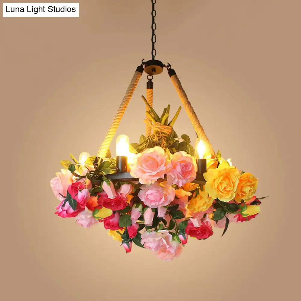 Vintage Round Pendant Chandelier - 6 Light Iron Flower Ceiling Light with Hemp Rope, Yellow/Pink/Light Pink