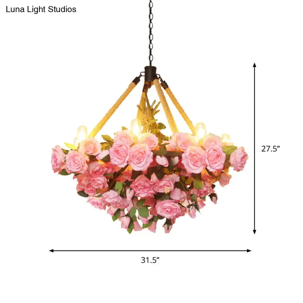 Vintage Round Pendant Chandelier - 6 Light Iron Flower Ceiling Light with Hemp Rope, Yellow/Pink/Light Pink