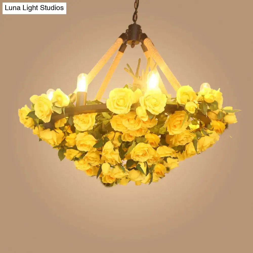 Vintage Round Pendant Chandelier - 6 Light Iron Flower Ceiling Light with Hemp Rope, Yellow/Pink/Light Pink