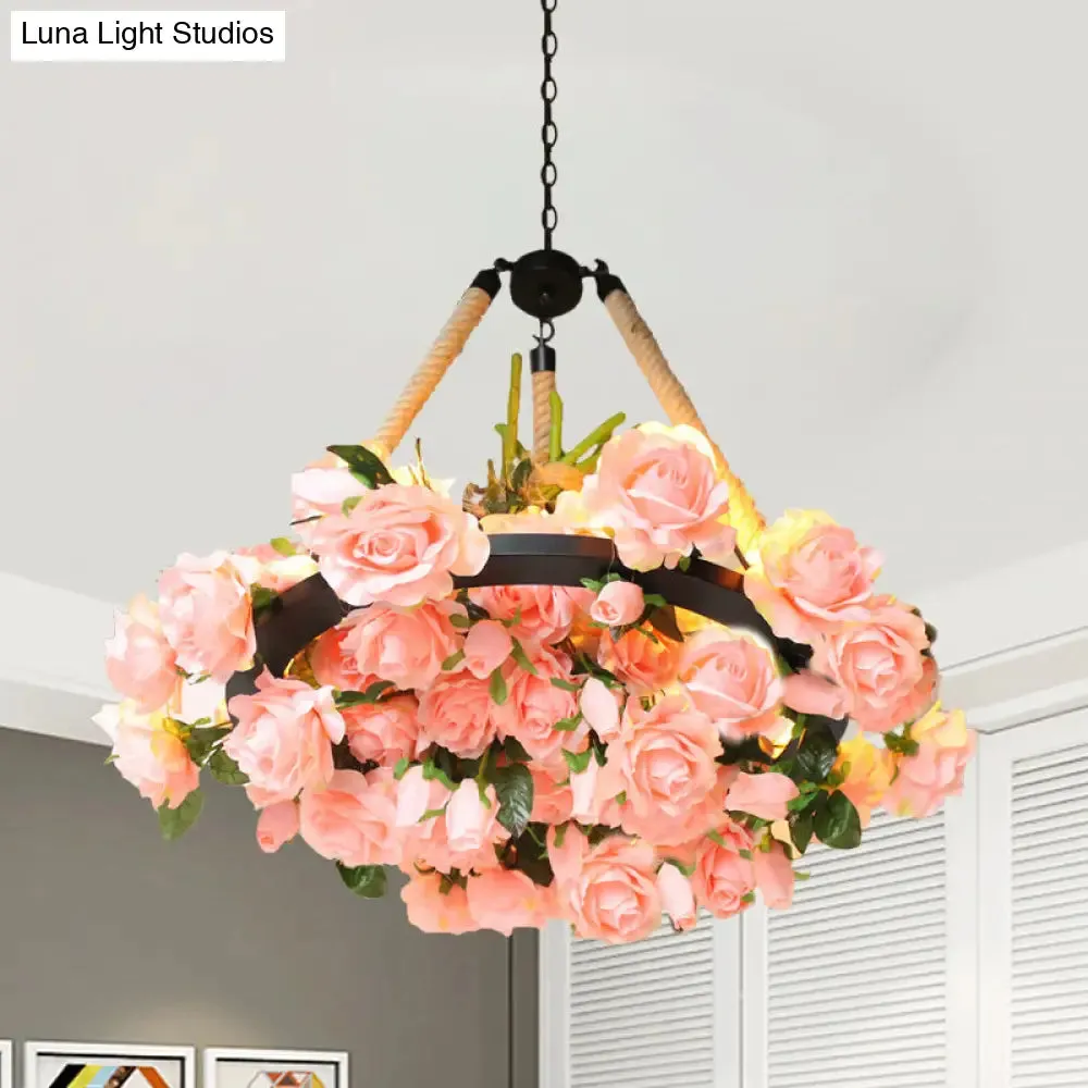 Vintage Round Pendant Chandelier - 6 Light Iron Flower Ceiling Light with Hemp Rope, Yellow/Pink/Light Pink