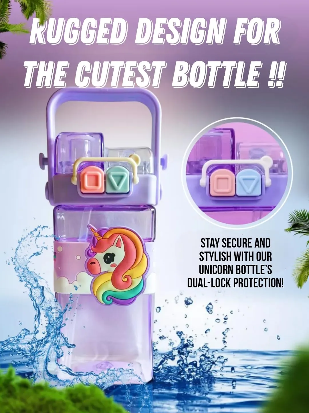 Water Bottle with Adjustable Strap – Cute Double Drinking Straw Cup -520 ml