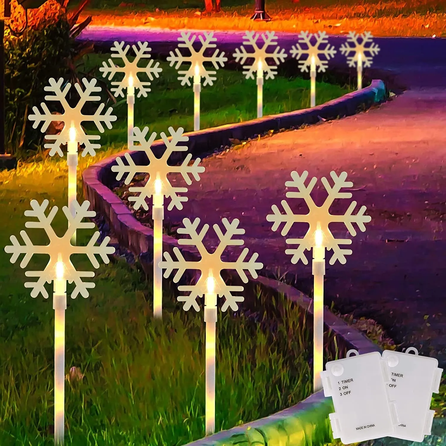 WATERGLIDE 10 Pcs Christmas Snowflake Pathway Stake Lights | 2 Pack x 5 Lighted Snowflakes Pathway Marker, Battery Operated