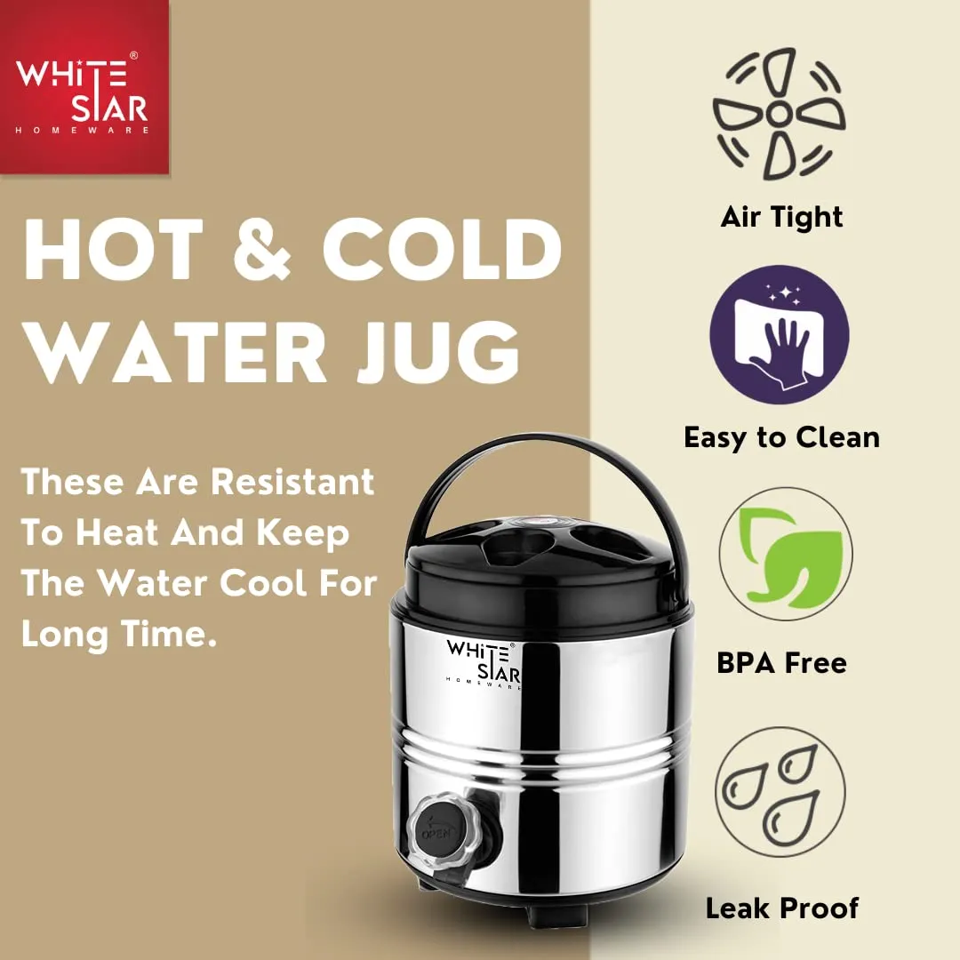 WHITESTAR Insulated Water Jug with Sturdy Handle, 3 Liters, Silver, Hot and Cold Water Dispenser for Office, Home Kitchen I Hot Tea/Coffee/Milk Container/Flask I Double Walled Stainless Steel