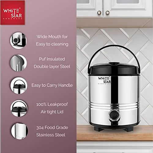 WHITESTAR Stainless Steel Hot and Cold Water Jug 5 Liter, Silver - PU Insulated Thermosteel Water Dispenser for Home Kitchen Office - Summer Edition Water Containers for Cold Water Storage