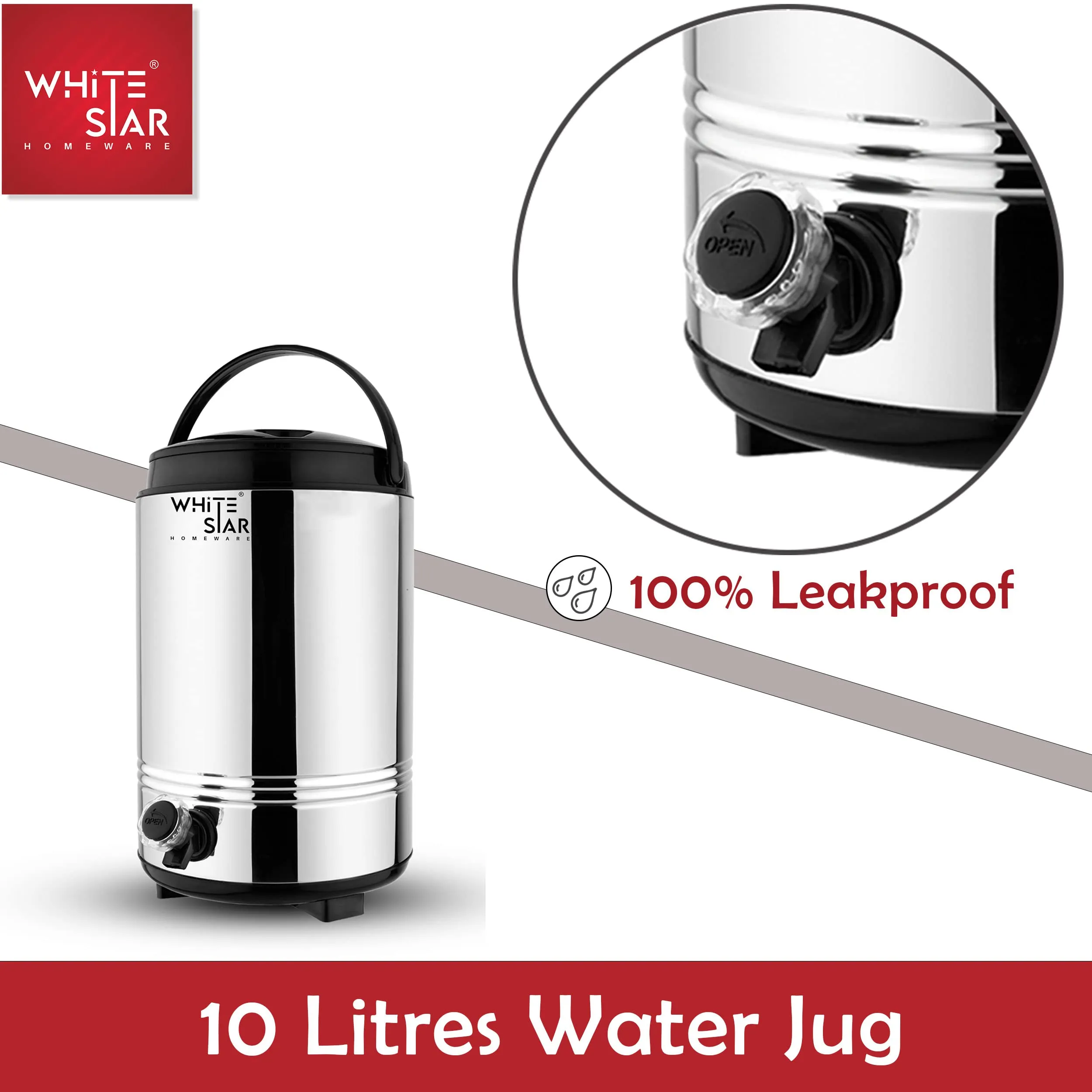 WHITESTAR Stainless Steel Office Water Dispenser 10 Liters of Water Storage Containers with Leak-Proof Tap I Hot and Cold Water Camper/Jug I PUF Insulated Thermosteel I Easy to Carry & Maintain