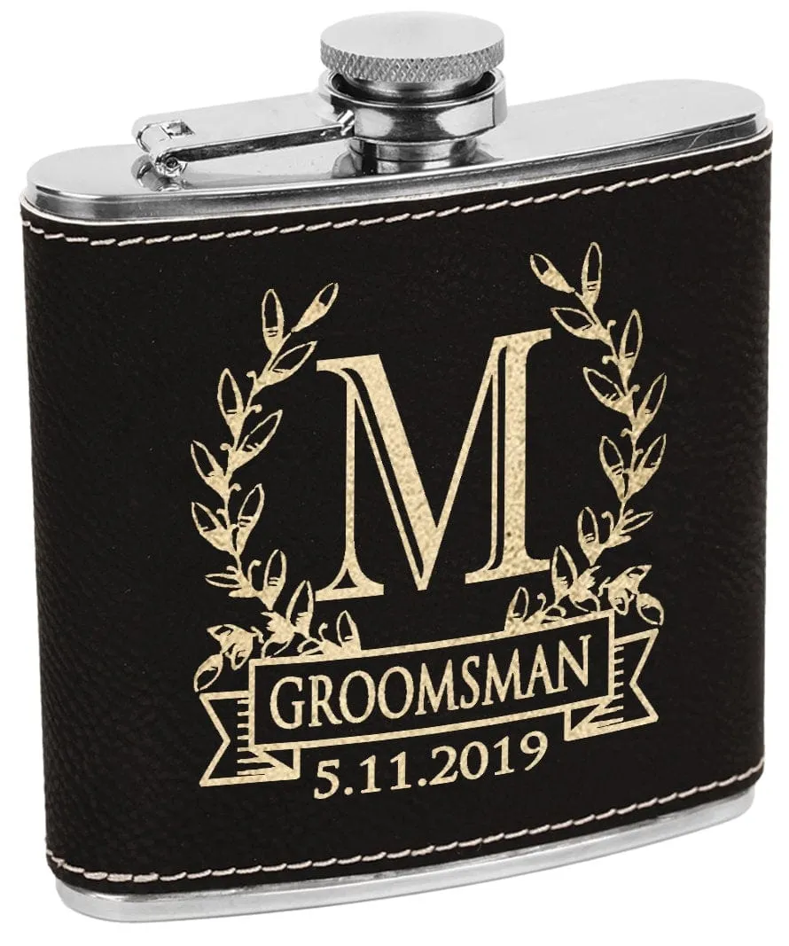 Wreathe Single Monogram Initial Engraved Stainless Steel Flask Personalized Groomsmen Gift Father of Bride Present Fathers Day Dad Papa Pop