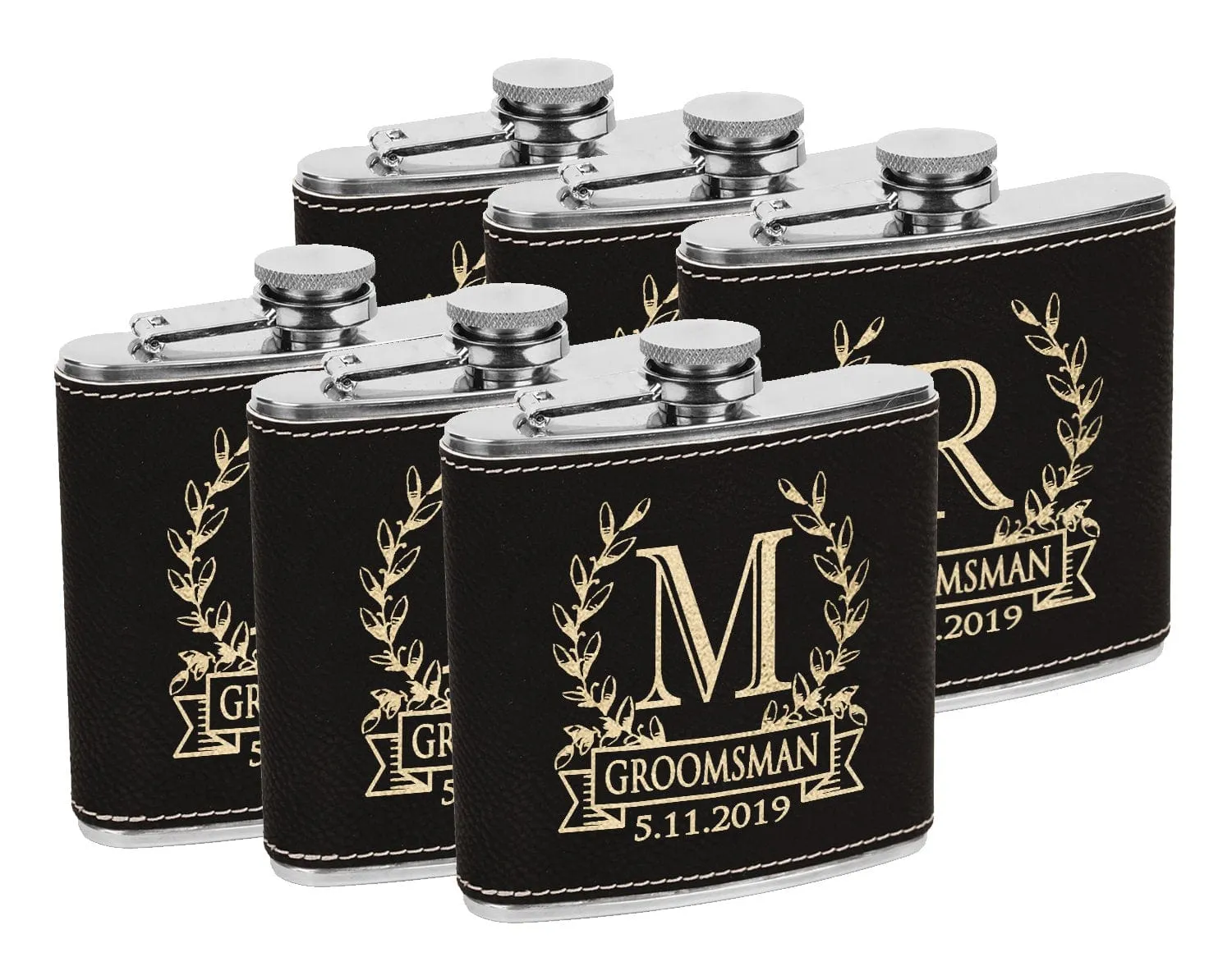 Wreathe Single Monogram Initial Engraved Stainless Steel Flask Personalized Groomsmen Gift Father of Bride Present Fathers Day Dad Papa Pop