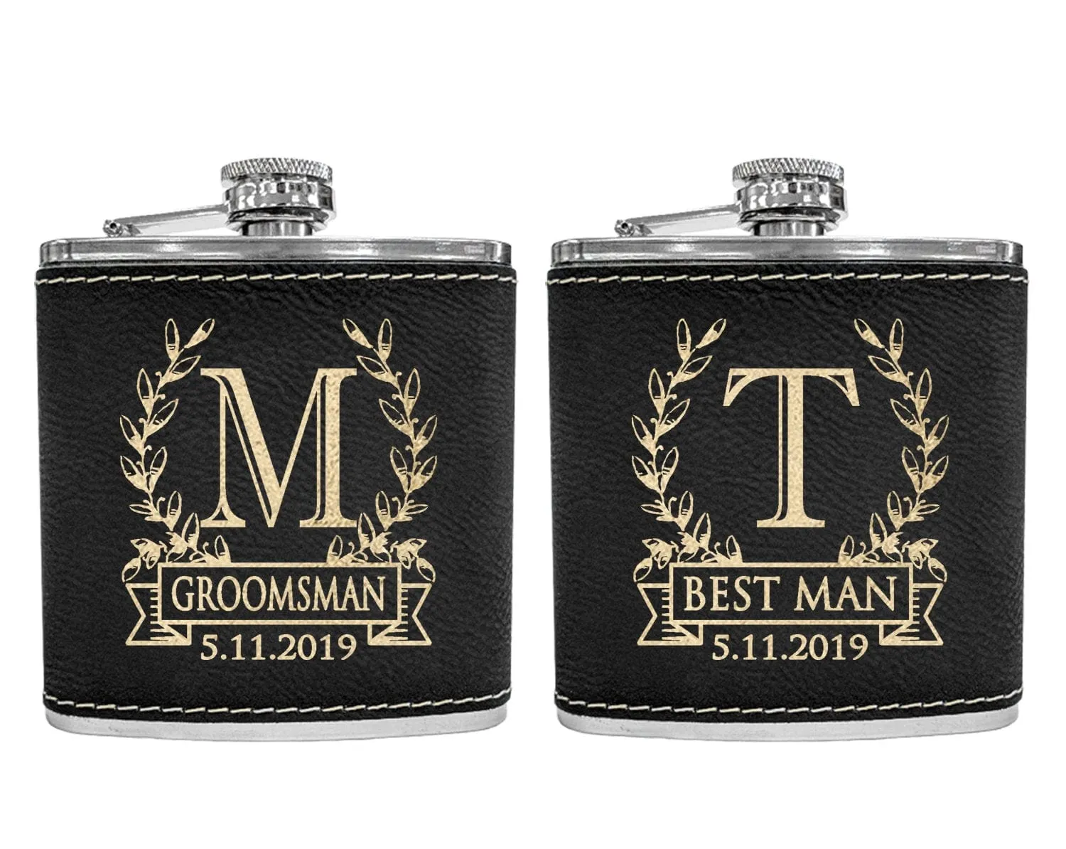 Wreathe Single Monogram Initial Engraved Stainless Steel Flask Personalized Groomsmen Gift Father of Bride Present Fathers Day Dad Papa Pop