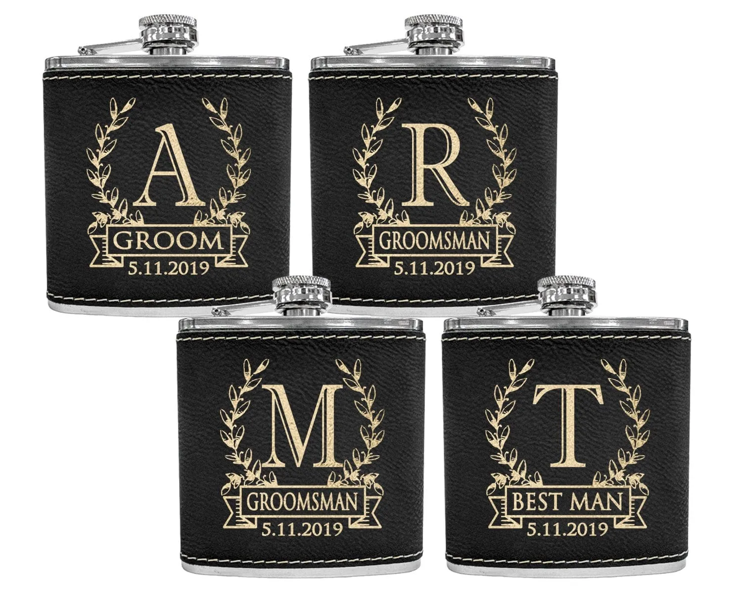 Wreathe Single Monogram Initial Engraved Stainless Steel Flask Personalized Groomsmen Gift Father of Bride Present Fathers Day Dad Papa Pop