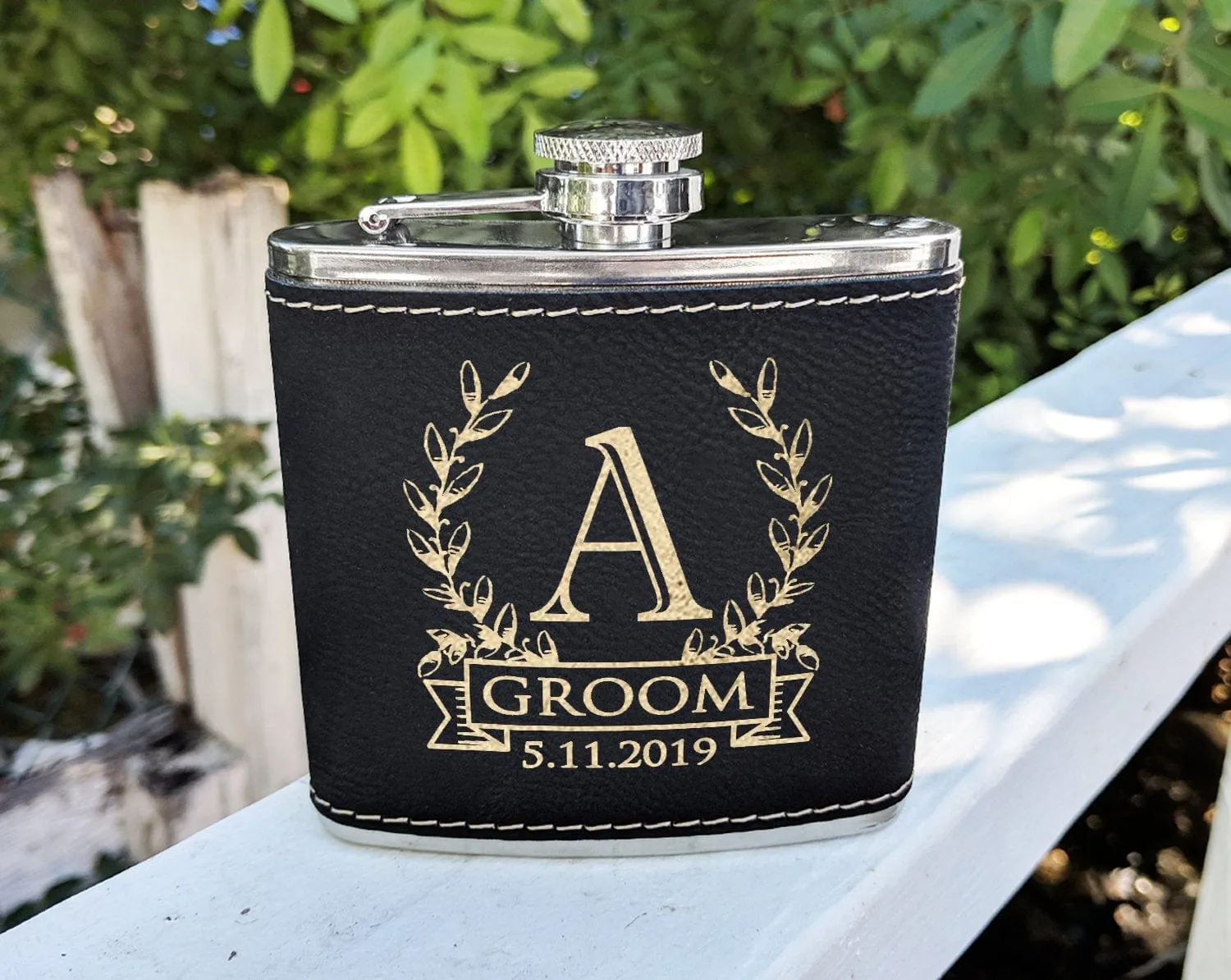 Wreathe Single Monogram Initial Engraved Stainless Steel Flask Personalized Groomsmen Gift Father of Bride Present Fathers Day Dad Papa Pop