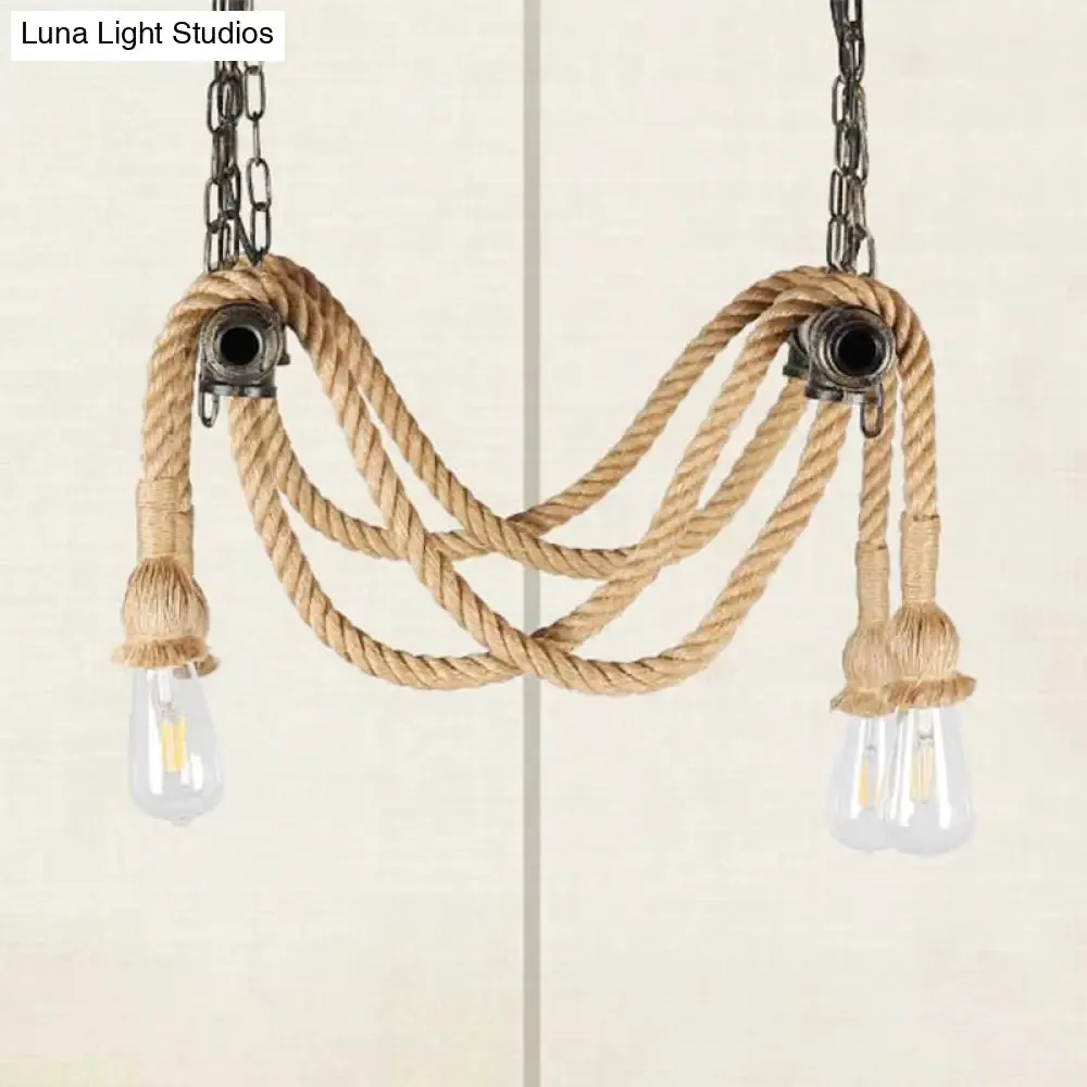 Wrought Iron Bronze Chandelier Lamp with Hemp Rope for Bar - Antique Style, 4 Lights, Open Bulb Suspension Light