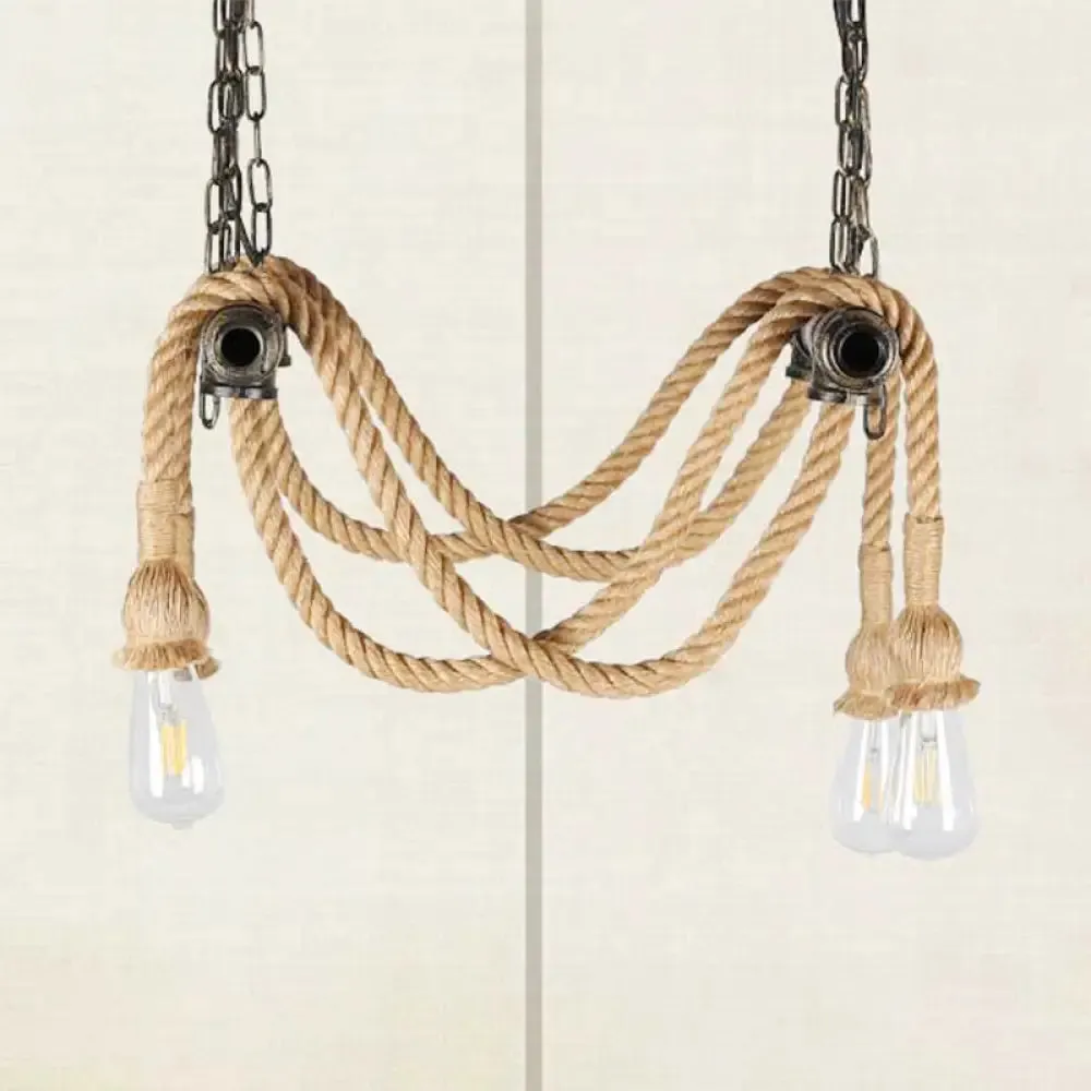 Wrought Iron Bronze Chandelier Lamp with Hemp Rope for Bar - Antique Style, 4 Lights, Open Bulb Suspension Light