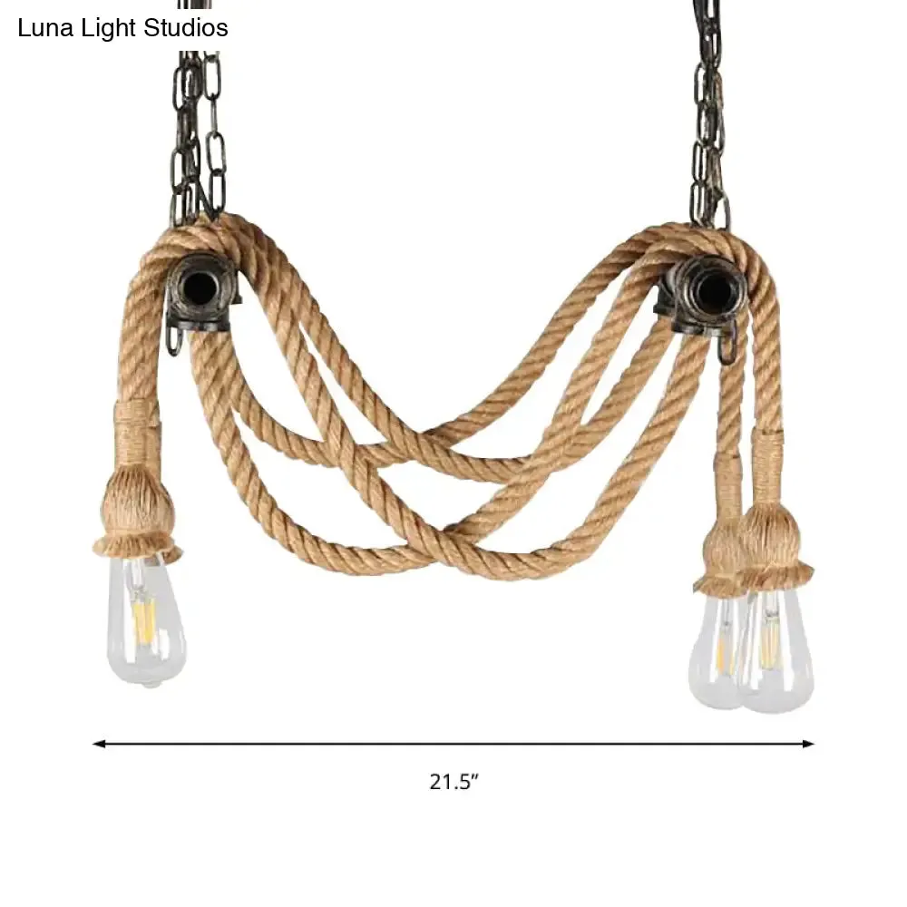 Wrought Iron Bronze Chandelier Lamp with Hemp Rope for Bar - Antique Style, 4 Lights, Open Bulb Suspension Light