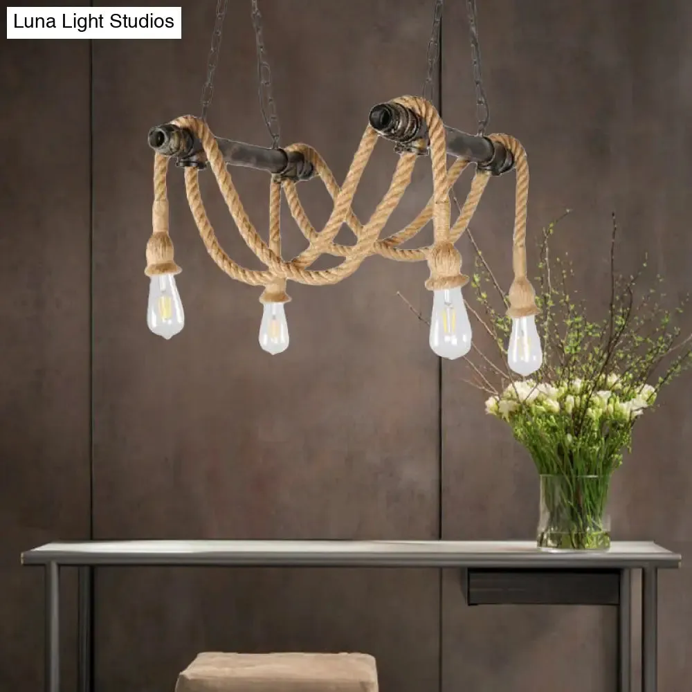 Wrought Iron Bronze Chandelier Lamp with Hemp Rope for Bar - Antique Style, 4 Lights, Open Bulb Suspension Light